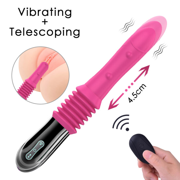 This is a pink adult toy with a sleek design and multifunctional features. The toy has a slender, ribbed shaft designed for internal stimulation, capable of vibrating and telescoping movements. It can extend up to 4.5 cm for deeper penetration. The base of the toy is black with a control panel for adjusting the settings. Additionally, the toy comes with a wireless remote control for convenient operation. An inset image illustrates the toy in use, highlighting the telescoping function. Vibrating lines are depicted near the toy to emphasize its vibrating capabilities. The overall design is ergonomic, user-friendly, and aimed at providing enhanced sexual pleasure with its dual functions.