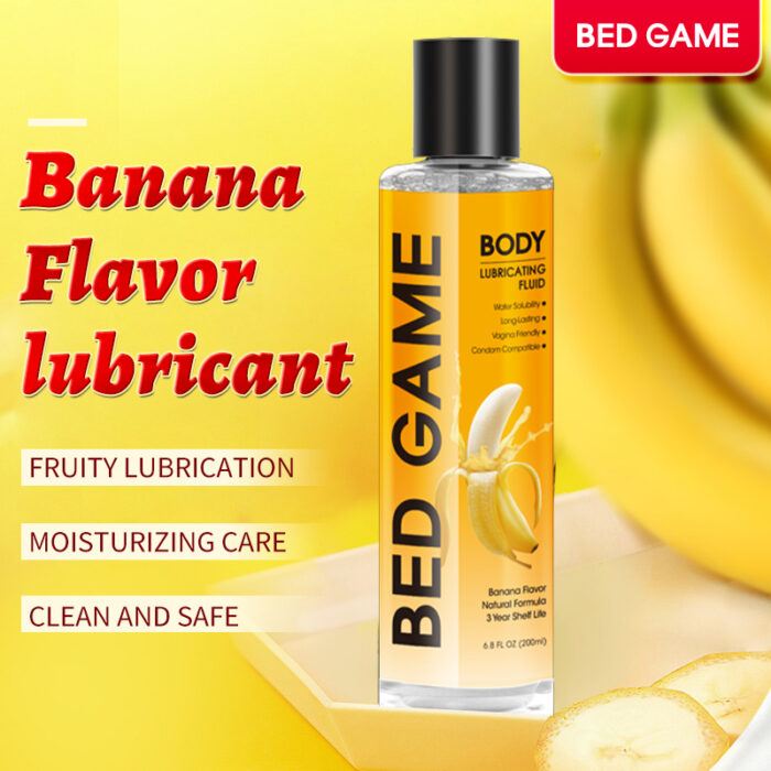 a natural banana-flavored body lubricating fluid designed for a moisturizing and safe intimate experience. With water solubility and a long-lasting formula, it is gentle on the skin, condom compatible, and provides a fruity fragrance for a refreshing and non-greasy sensation. Packaged in a 6.8 FL.OZ. (200ml) bottle, this product is alcohol-free, silicone-free, and hormone-free, ensuring a safe and pleasurable experience. It is also easy to clean with a towel, promoting a comfortable and enjoyable aftercare. The product features a 3-year shelf life and is indicated for use as a personal lubricant to enhance comfort during intimate activities.