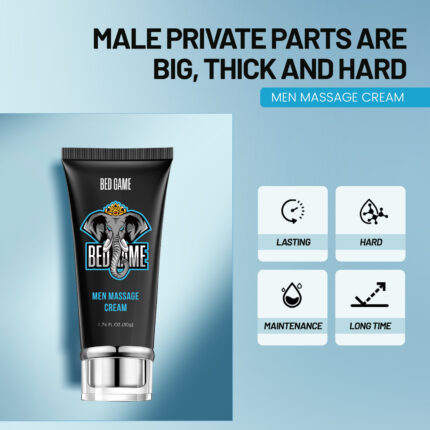 BED GAME Men Massage Cream is a specialized product designed to enhance male private part health and performance. The 1.76 FL.OZ. (50g) tube offers a concentrated formula with natural ingredients such as Ginseng Extract, Epimedium Extract, and Snake Seed Extract, aiming to increase hardness, size, and duration. The massage cream is alcohol-free and promises a lasting effect without adding harmful ingredients. It comes with clear usage instructions for targeted massage techniques to improve circulation and vitality. With a two-year shelf life, this cream is a long-term solution for male maintenance and confidence.