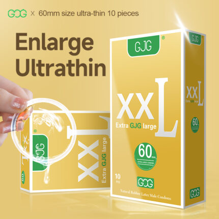 GJG brand's 60mm ultra-thin large size condoms, 10 pack. Designed for 'large' individuals with a 60mm large size for a more intimate and comfortable experience. Made from imported Thai natural latex, soft and fitting, ensuring safety and peace of mind. Features a vanilla fragrance, enhancing emotional connection and intimacy. Ultra-thin design for an invisible and snug fit, barrier-free wear. Easy tear packaging for quick access without delaying passion. Product has a 5-year shelf life, with a length of at least 200mm and a width of 60mm, providing lubrication fit. Produced by Yiwu Zhengao Biotechnology Co., Ltd., always check the expiration date before use and avoid using damaged or expired products. This product is for single use only, dispose of it properly after use to prevent plumbing blockages.