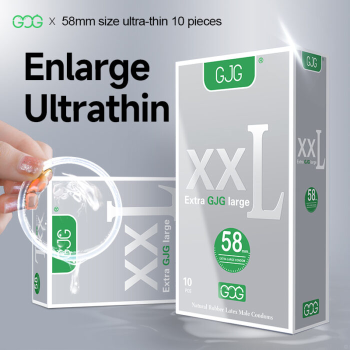 GJG brand's 58mm ultra-thin large size condoms, 10 pack, in silver packaging. Designed for 'large' individuals with a 58mm large size for a more intimate and comfortable experience. Made from imported Thai natural latex, soft and fitting, ensuring safety and peace of mind. Features a vanilla fragrance, enhancing emotional connection and intimacy. Ultra-thin design for an invisible and snug fit, barrier-free wear. Easy tear packaging for quick access without delaying passion. Product has a 5-year shelf life, with a length of at least 200mm and a width of 58mm, providing lubrication fit. Produced by Yiwu Zhengao Biotechnology Co., Ltd., always check the expiration date before use and avoid using damaged or expired products. This product is for single use only, dispose of it properly after use to prevent plumbing blockages.