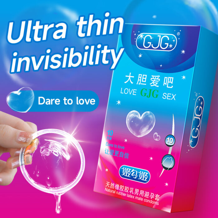 GJG brand's ultra-thin invisible natural rubber condoms provide the ultimate intimate experience. The air like thinness makes its presence almost imperceptible. Smooth surface treatment provides a more snug touch. The original latex color showcases the beauty of nature. Valid for up to 5 years to ensure product quality. Accurate size design, with a length of at least 160 millimeters and a width of 52 millimeters, suitable for most users. The emphasized slogan of 'bold love' encourages consumers to confidently enjoy love. Long lasting lubricant containing hyaluronic acid, keep moist and avoid dryness. Imported latex from Thailand's national treasure rubber plantation ensures the reliability and safety of the product. This product is only for adults over 18 years old and should not be purchased by minors.