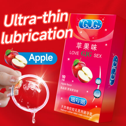 The GJG brand introduces apple-flavored ultra-thin lubricated condoms made from natural rubber, offering a refreshing fruity scent and long-lasting lubrication experience. The product design focuses on enhancing sensory enjoyment during intimate moments while ensuring safety and quality. The packaging includes detailed usage instructions and product information, suitable for adults seeking a high-quality sexual life