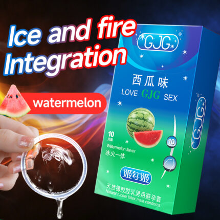 The GJG brand's watermelon-flavored condoms are made from natural latex, offering a dual experience of cool and fiery sensations. The product features ultra-smooth lubrication with hyaluronic acid molecules for long-lasting moisture without dryness. The packaging is designed for easy tearing, suitable for adults seeking high quality and a delightful experience