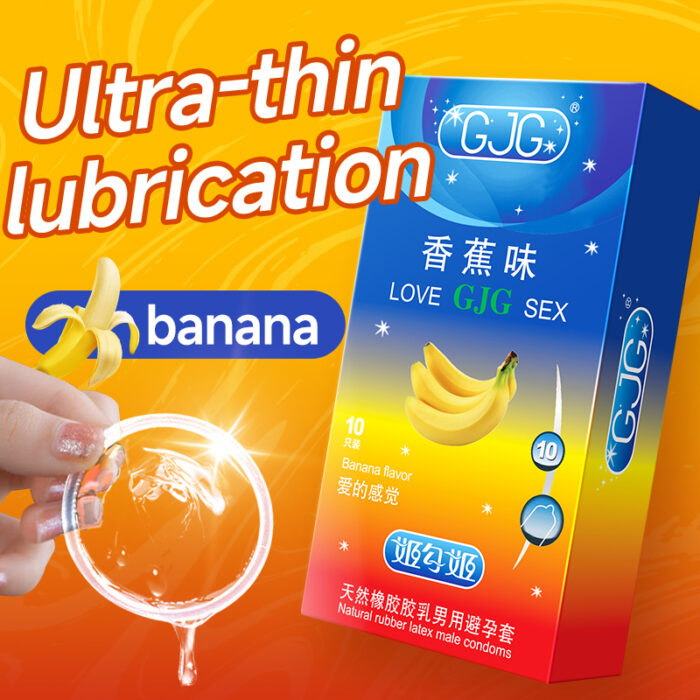 The GJG brand introduces banana-flavored ultra-thin lubricated condoms made from high-quality natural latex, offering additional comfort and lasting lubrication. Product features include easy-to-tear packaging, a sweet banana aroma, and lubricant containing hyaluronic acid molecules to ensure moisture without dryness during use. Suitable for adults seeking high quality and a pleasant experience