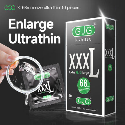 GJG brand condoms made from carefully selected natural rubber latex, featuring a vanilla fragrance to enhance emotional and intimate connections. The XXXI model comes in an Extra Large size, with a 68-piece pack, ensuring comfort and skin-friendliness. The packaging includes positive, negative, and underside labels, along with lot number, manufacturing, and expiration dates. The addition of lubricant provides a smoother experience for users