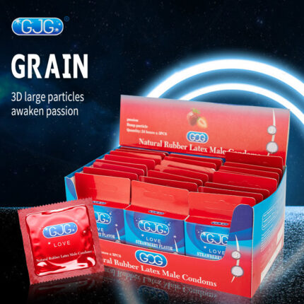 GJG brand series of condoms, including well-lubricated and 3D large particle strawberry flavored types, made of natural rubber latex to ensure smooth use, awaken passion, and provide a delightful intimate experience.