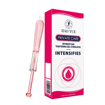 JIAOYUE Intimate Vaginal Tightening Gel, 0.09 fl.oz x 4 applicators, designed to enhance the tightness and pleasure of the female intimate area. It contains Aloe Vera Extract, Sophora Flavescens Extract, and Apple Fruit Cell Extract, which help to tone and tighten the vaginal walls. The product uses a mild formula with plant extracts, including Sodium Hyaluronate and Glycerin, which aid in eliminating fine lines and firming the skin. The application steps involve inserting the gel during foreplay, waiting 1-2 minutes to experience a cooling or warming sensation. The product has a shelf life of 3 years and is made in China.