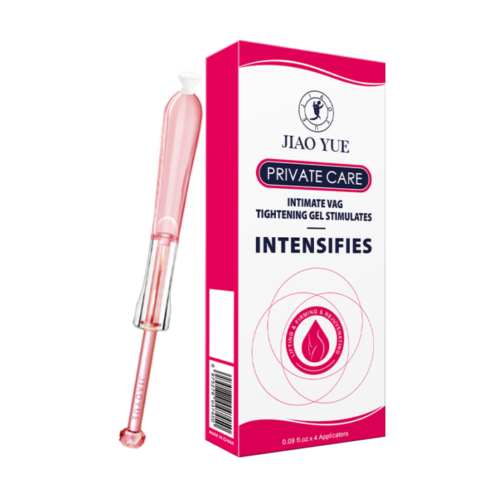 JIAOYUE Intimate Vaginal Tightening Gel, 0.09 fl.oz x 4 applicators, designed to enhance the tightness and pleasure of the female intimate area. It contains Aloe Vera Extract, Sophora Flavescens Extract, and Apple Fruit Cell Extract, which help to tone and tighten the vaginal walls. The product uses a mild formula with plant extracts, including Sodium Hyaluronate and Glycerin, which aid in eliminating fine lines and firming the skin. The application steps involve inserting the gel during foreplay, waiting 1-2 minutes to experience a cooling or warming sensation. The product has a shelf life of 3 years and is made in China.