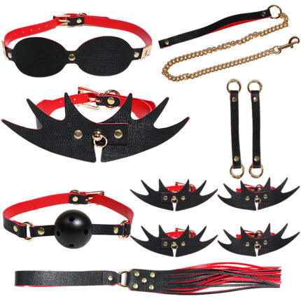 A black and red BDSM kit that includes an eye mask, ball gag, wrist cuffs, ankle cuffs, collar, leash, and flogger. Made from high-quality leather and metal, this set is perfect for couples who want to explore bondage and role-playing. Enhance your intimate moments with this comprehensive kit