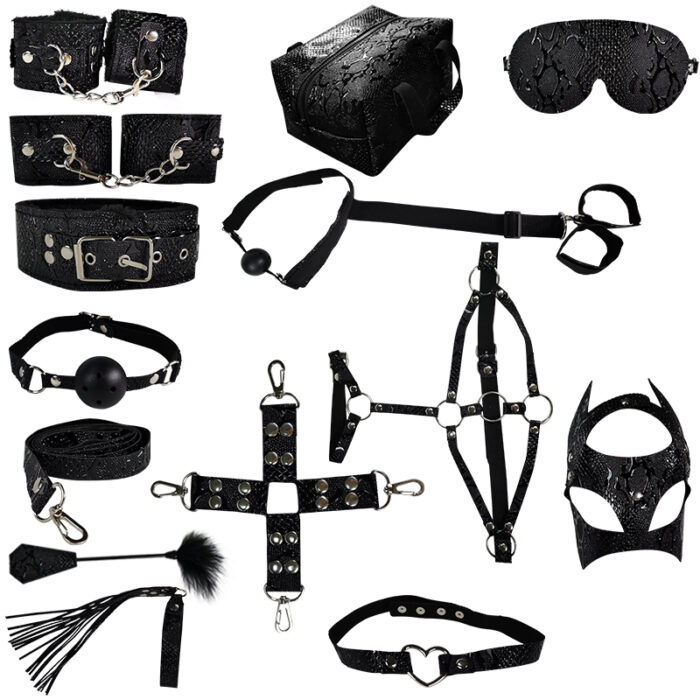 A comprehensive black BDSM kit that includes a variety of restraints, collars, gags, and other accessories. Made from high-quality leather and metal, this set is designed to enhance your bondage play and explore new sensations. Perfect for couples looking to add excitement and variety to their intimate moments.