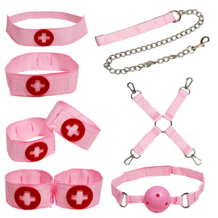 A pink BDSM kit that includes wrist cuffs, ankle cuffs, collar, leash, ball gag, and blindfold. Made from high-quality materials, this set is designed to enhance your bondage play and explore new sensations. Perfect for couples looking to add excitement to their intimate moments.