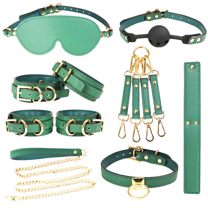 A green BDSM kit that includes wrist cuffs, ankle cuffs, collar, leash, ball gag, and blindfold. Made from high-quality materials, this set is designed to enhance your bondage play and explore new sensations. Perfect for couples looking to add excitement to their intimate moments.