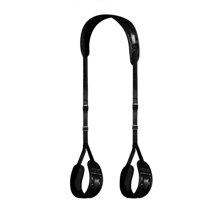 Black restraint strap with two ankle cuffs and one neck strap for adult play.