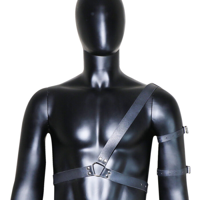 A black mannequin is displayed wearing the Erotic Lingerie Panties Gay Male Chest Strap, which is made of leather and features straps crossing over the chest and securing with buckles at the back. Additionally, one strap extends over the right shoulder with two more buckled straps wrapping around the upper right arm, designed for nightclub performances or bondage conditioning.