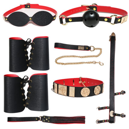 A black BDSM kit that includes an eye mask, ball gag, wrist cuffs, ankle cuffs, collar, leash, and flogger. The set is made from high-quality leather and metal, designed to enhance your bondage play. Perfect for couples looking to explore their fantasies safely.