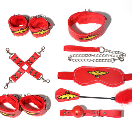 A white BDSM kit that includes wrist cuffs, ankle cuffs, collar, leash, ball gag, and blindfold. Made from high-quality leather and metal, this set is designed to enhance your bondage play and explore new sensations. Perfect for couples looking to add excitement to their intimate moments.