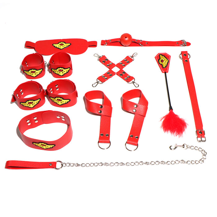 A white BDSM kit that includes wrist cuffs, ankle cuffs, collar, leash, ball gag, blindfold, and feather tickler. Made from high-quality materials, this set is designed to add a playful and colorful touch to your bondage play. Perfect for couples looking to explore their fantasies.