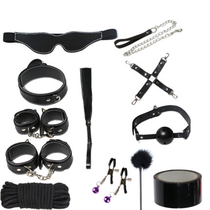 A BDSM kit featuring navy blue cuffs, collar, leash, ball gag, and blindfold. The set includes various accessories designed for comfort and durability, allowing couples to explore their fantasies and add variety to their intimate play.