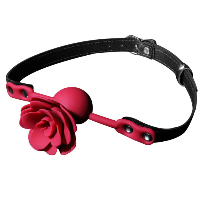 The SM mouth plugs roses mouth ball forced punishment props adult couples room affair erotic toy features a black leather strap with buckle closure, adorned with a red silicone rose-shaped gag in the center. The strap includes multiple adjustment holes and metal rivets to securely fasten the gag.