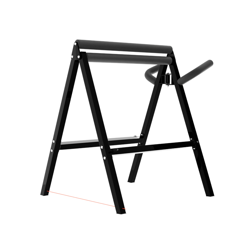 Foldable black metal SM - sex tripod with padded legs and arms. Structured in an A-frame design with additional support bars, suitable for supporting large or heavy objects during intimate or conditioning tasks. Set against a white background.