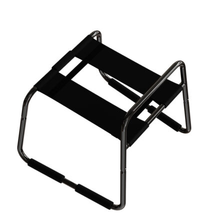 A compact black metal frame with padded sections for added comfort. Perfect for a variety of intimate positions, it offers adjustable features and strong support.