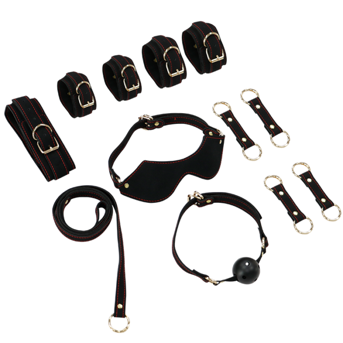 A red BDSM kit that includes wrist cuffs, ankle cuffs, collar, leash, ball gag, and blindfold. Made from high-quality leather and metal, this set is designed to enhance your bondage play and explore new sensations. Perfect for couples looking to add excitement to their intimate moments.